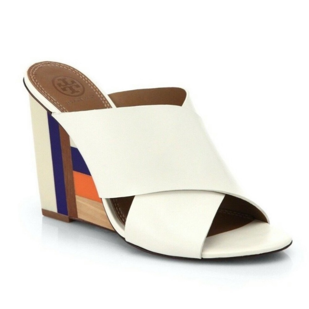 Tory Burch Ivory Color Block Wedge Mule Sandals